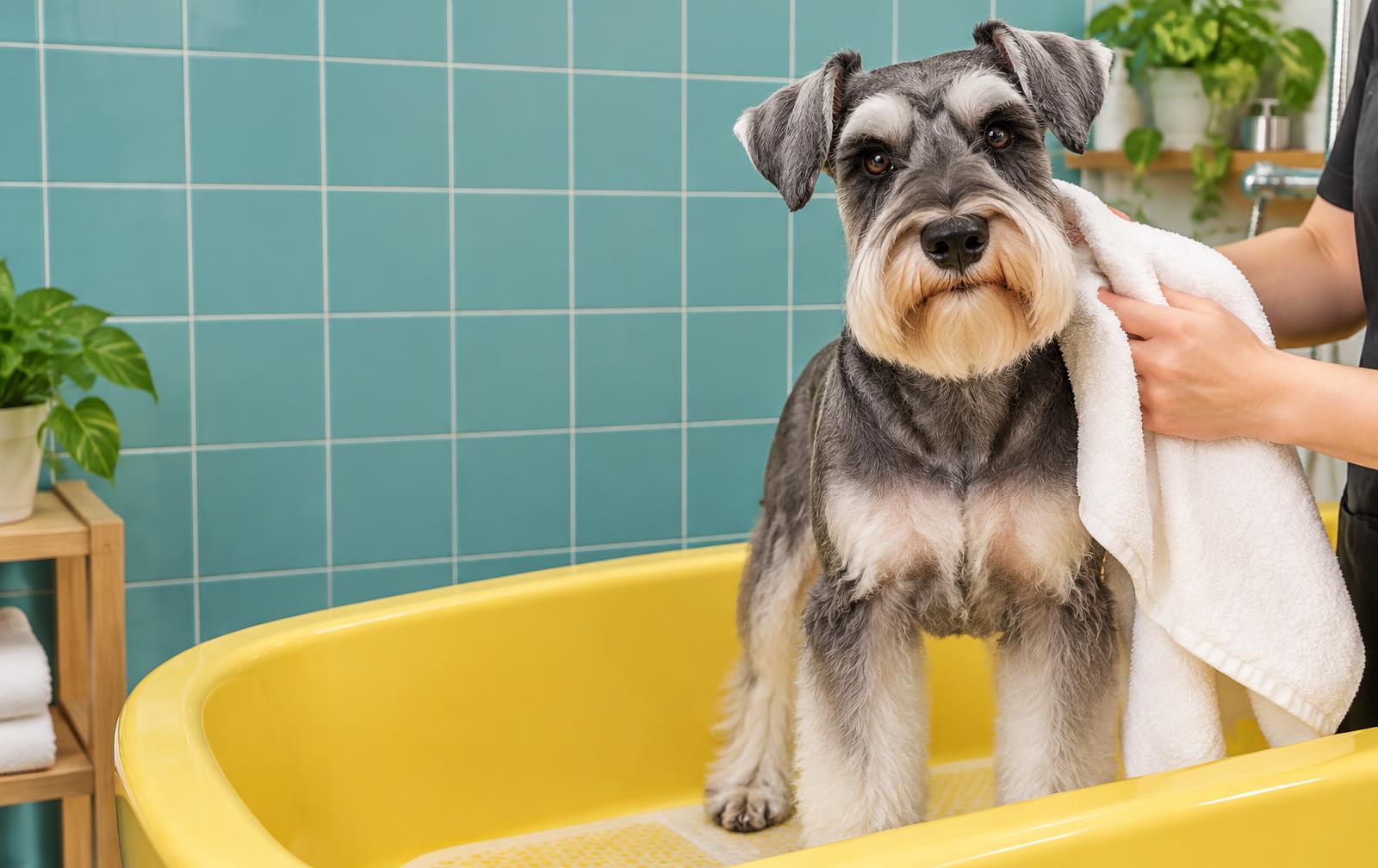 Schnauzer σε κίτρινη μπανιέρα περιποίησης